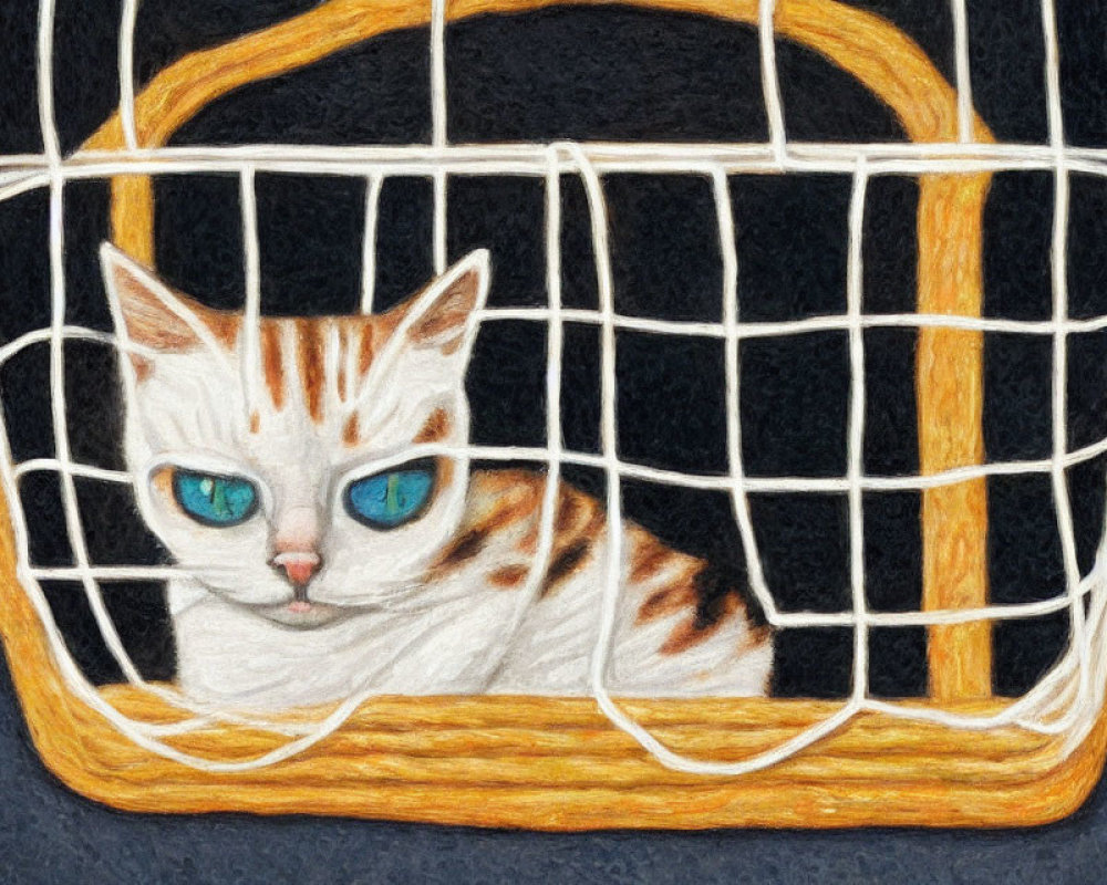 White and Orange Cat with Blue Eyes in Golden Wicker Carrier