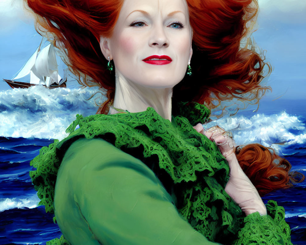 Vivid portrait of woman with red hair in green attire by ocean with sailboat