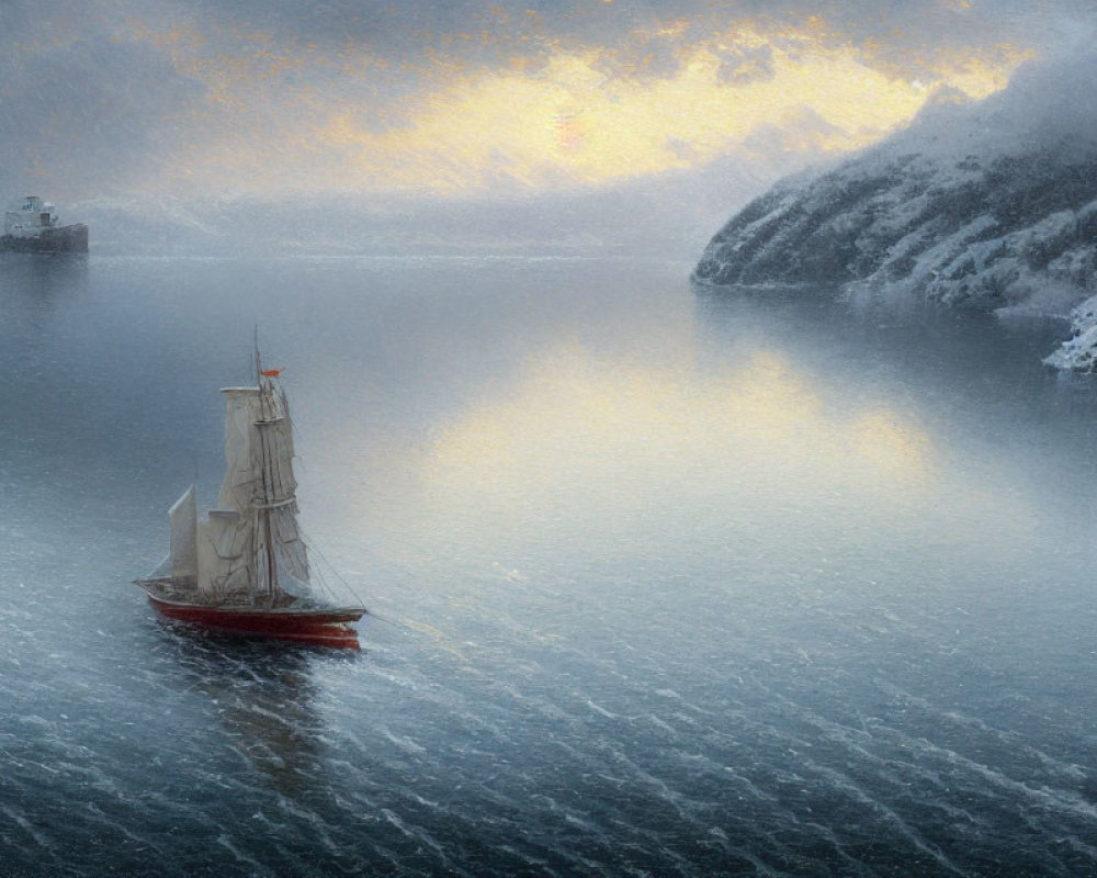 Sailing ship on icy waters near snow-covered hills at twilight