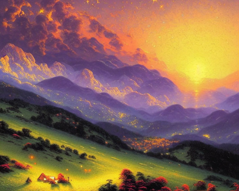 Colorful sunset painting over mountainous landscape with glowing houses and red flowering trees