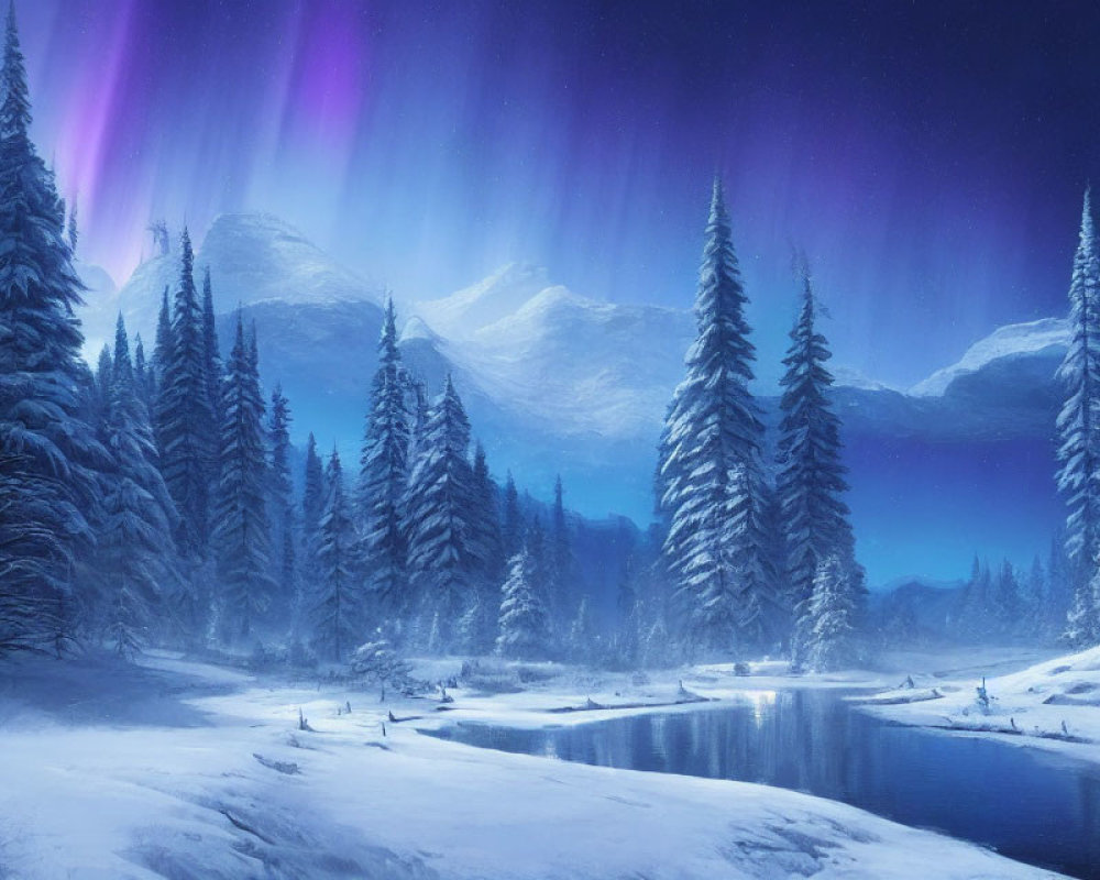 Snow-covered trees, calm river, and aurora borealis in serene winter night landscape