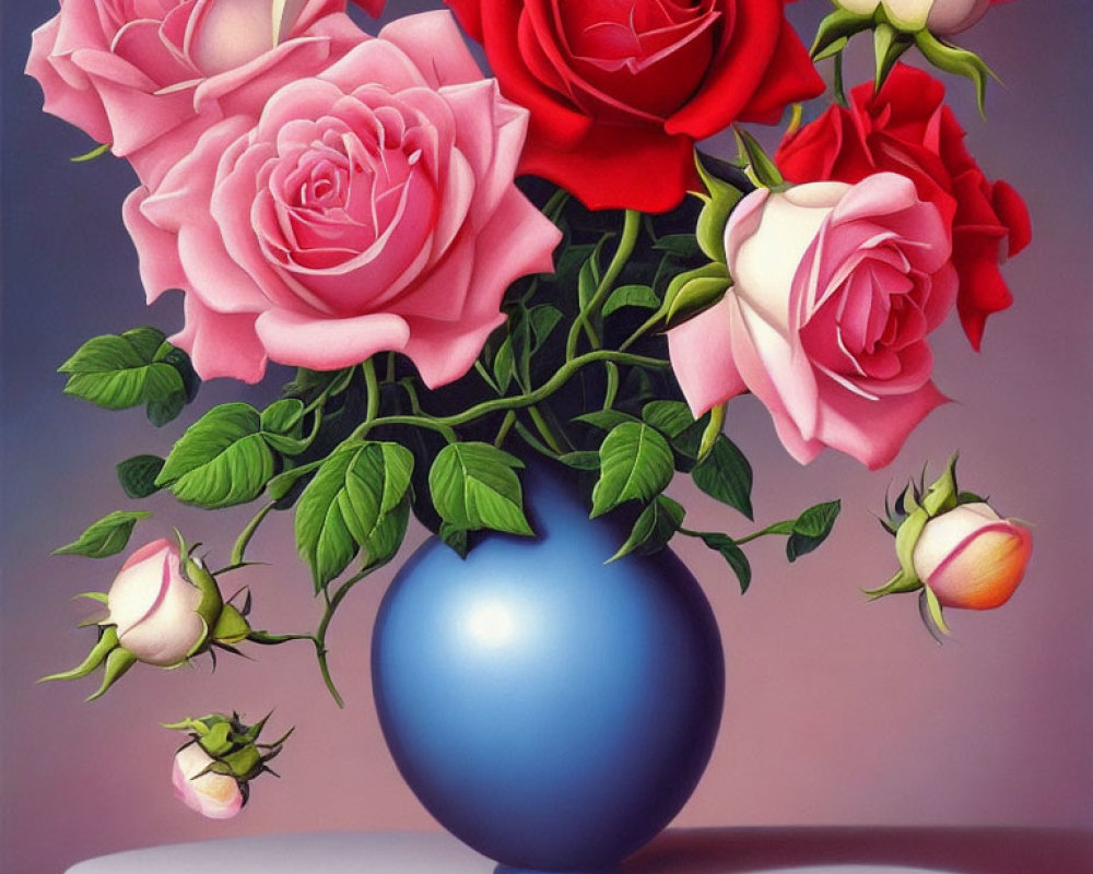 Colorful Pink and Red Rose Bouquet in Blue Vase on Pastel Background