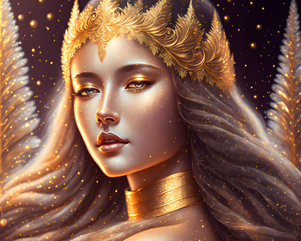 Woman portrait with golden headpiece, sparkly freckles, gold choker, in stard