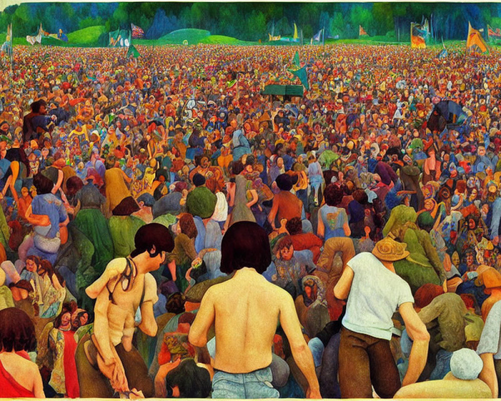 Detailed painting of dense crowd at outdoor event with diverse people, standing and sitting, creating lively atmosphere