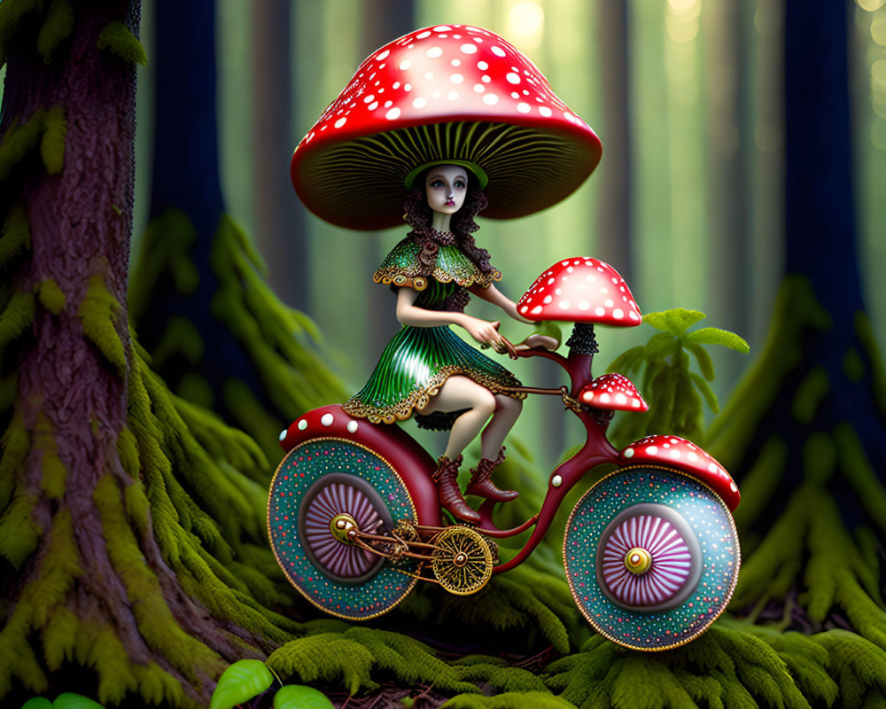 Fantastical creature on mushroom head bicycle in vibrant forest