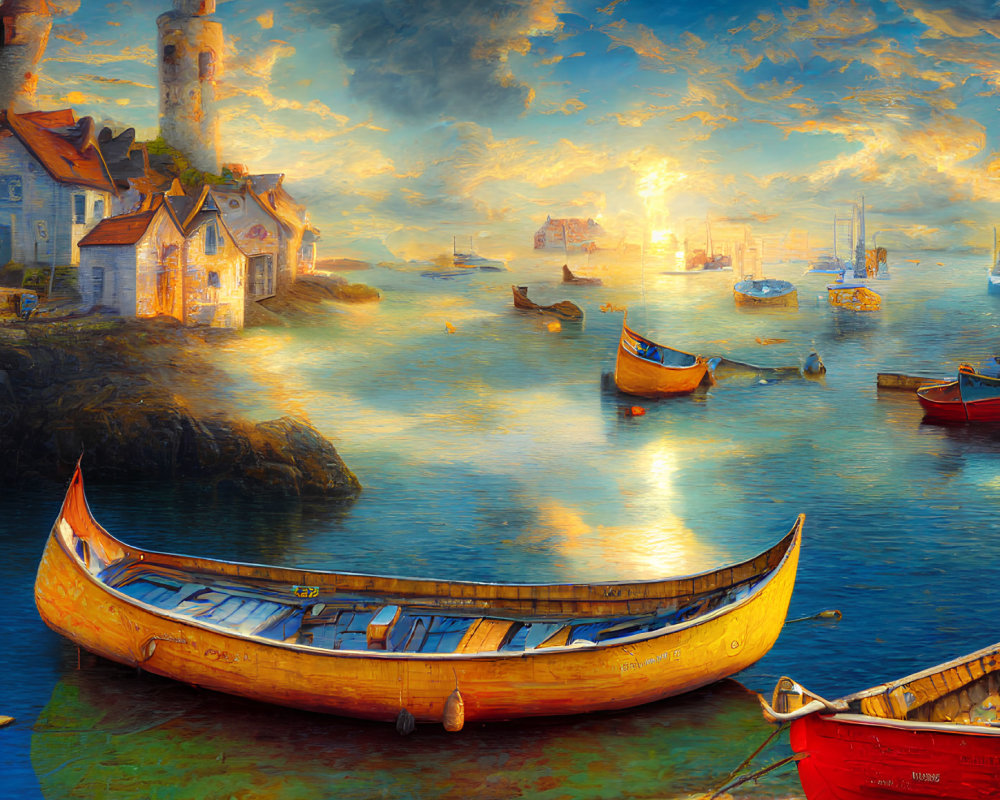 Serene coastal sunset artwork with boats, lighthouse, houses, and dynamic sky