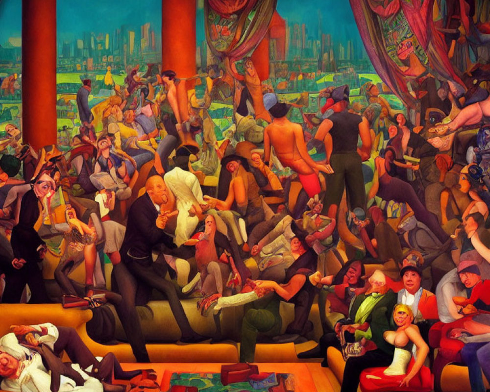 Colorful painting of chaotic party scene with lively guests and cityscape views