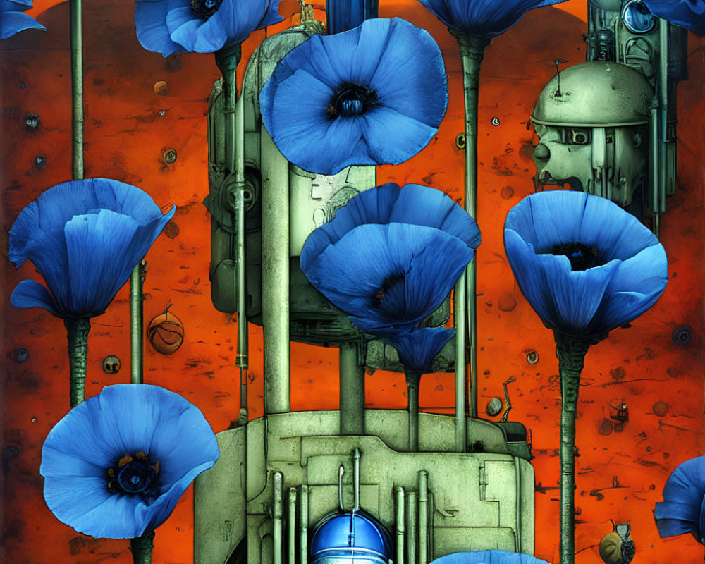 Surrealist artwork with robotic face, blue flowers, and industrial structures