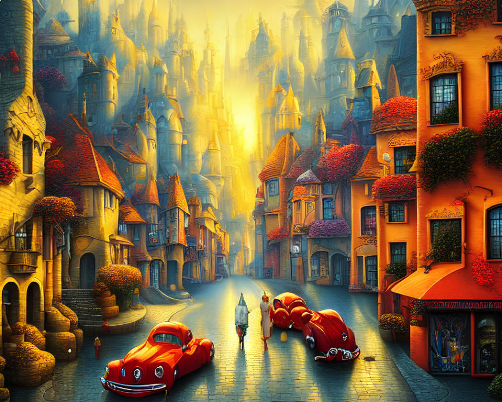 Colorful Old-European Cobblestone Street with Red Car and Characters