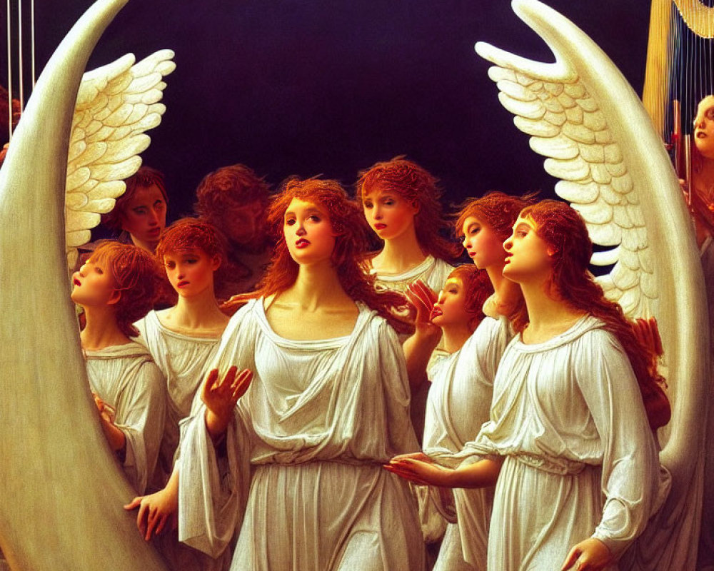 Angels in flowing robes with large white wings playing harps and singing.