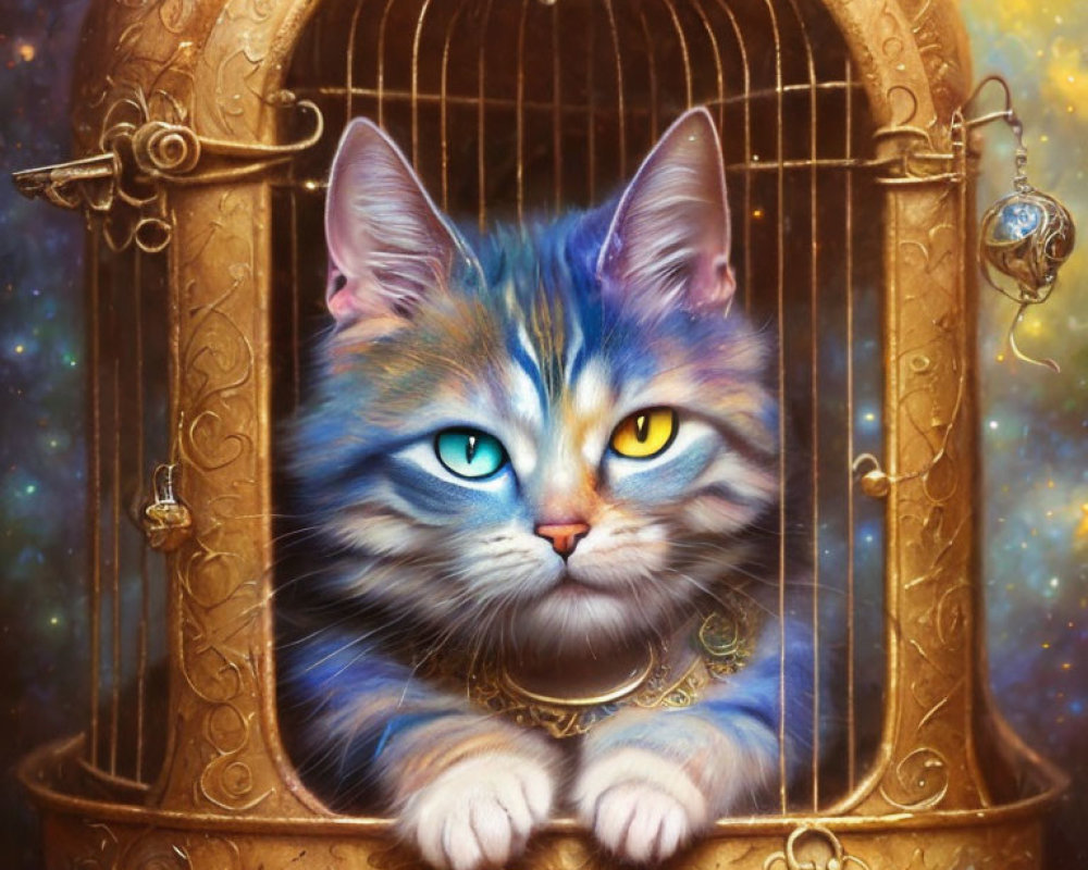 Colorful Cat with Striking Eyes in Golden Cage on Starry Background