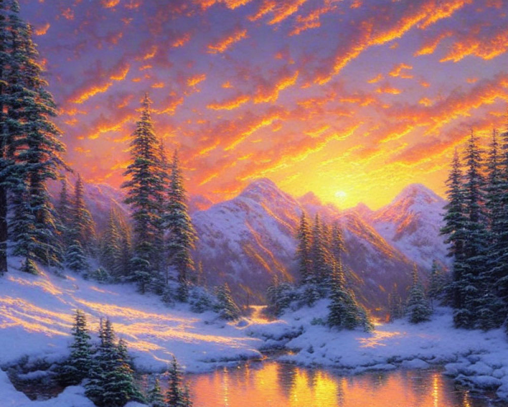 Scenic snow-covered pine trees and mountains at sunset.