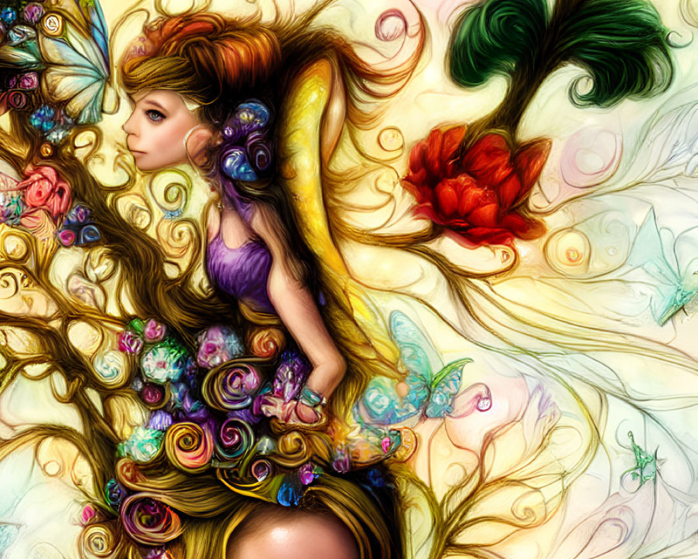 Colorful Woman with Flowers, Butterflies, and Nature Elements