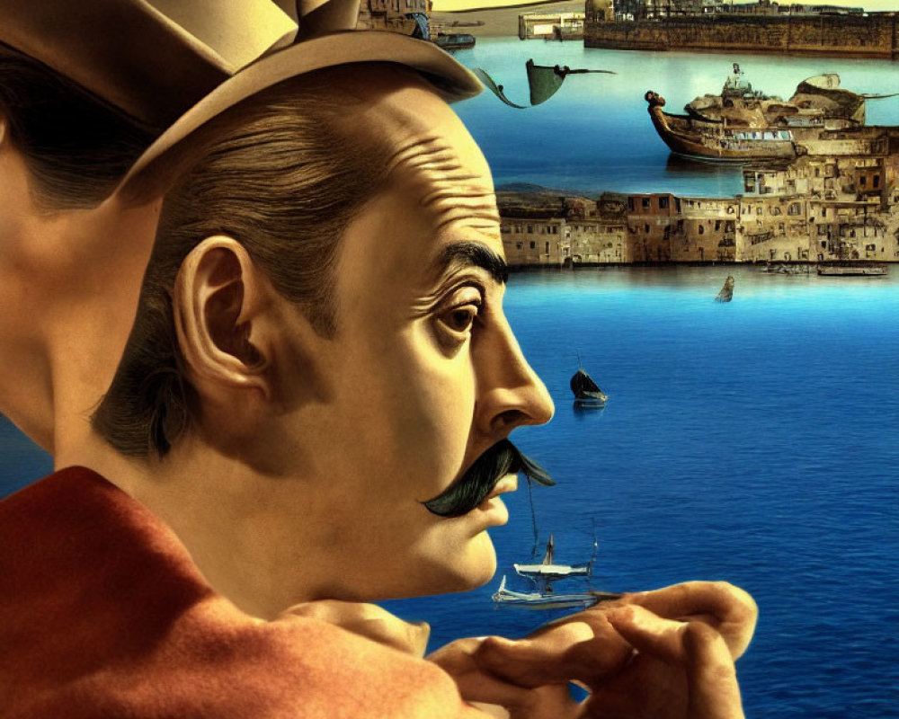 Surreal portrait blending man with exaggerated mustache into coastal cityscape