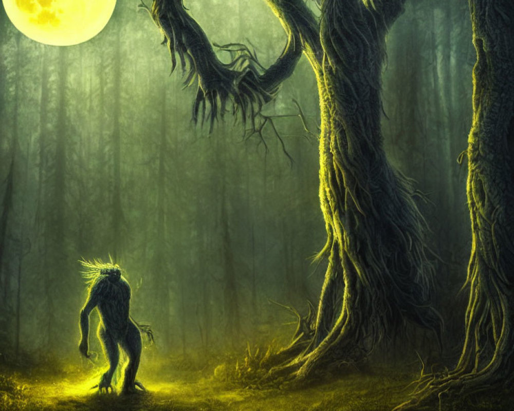 Mystical creature in moonlit forest with gnarled trees