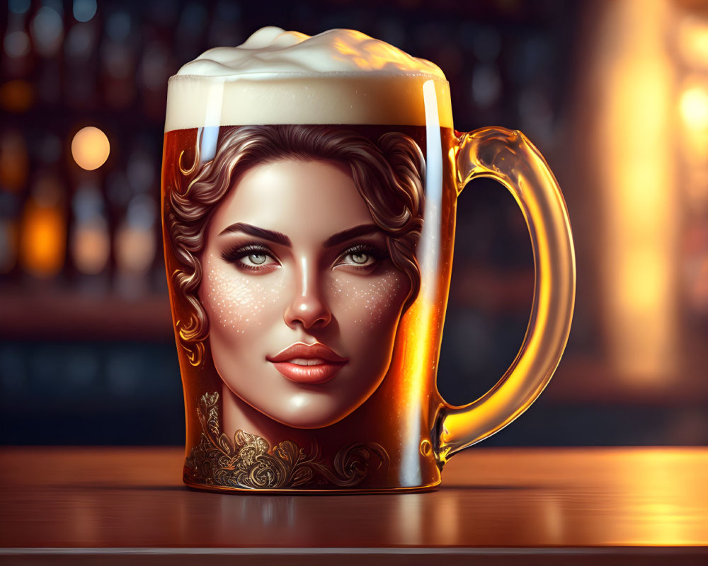 Digital artwork of woman's face on frothy beer mug in bar setting