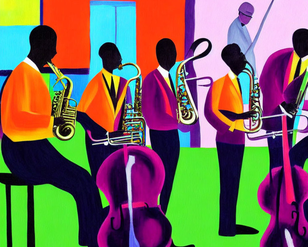 Vibrant Jazz Band Artwork with Saxophonists, Bass Players, and Drummer