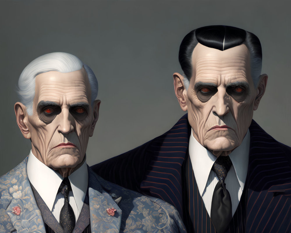 Stylized illustrated male figures with vampiric features in suits and intense gazes