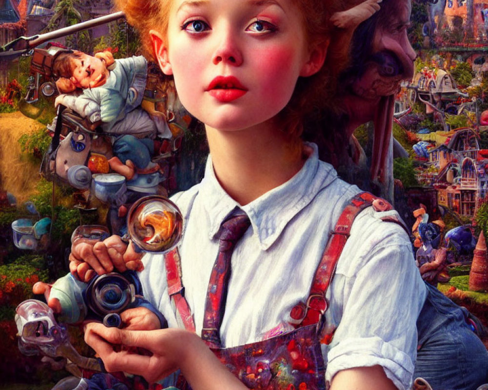 Vibrant painting featuring girl with rosy cheeks and whimsical toys.