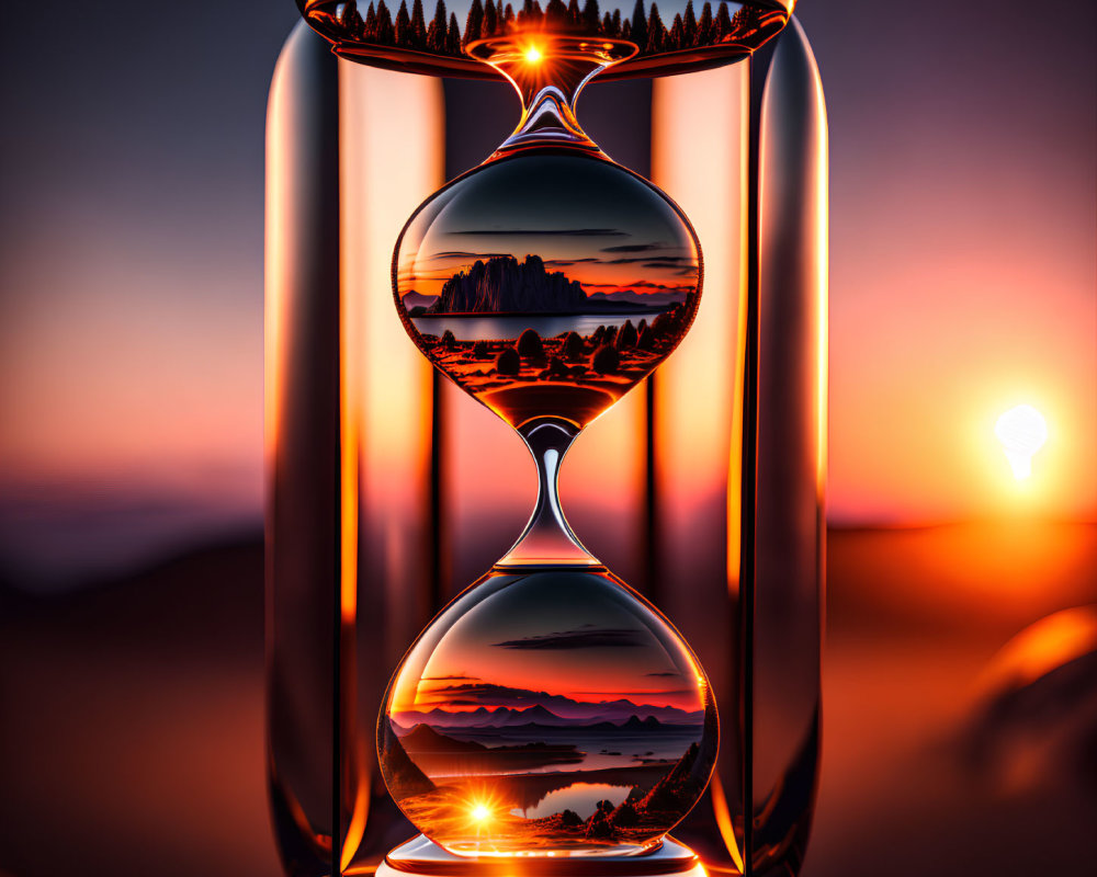 Sunset landscape captured in radiant hourglass against warm backdrop