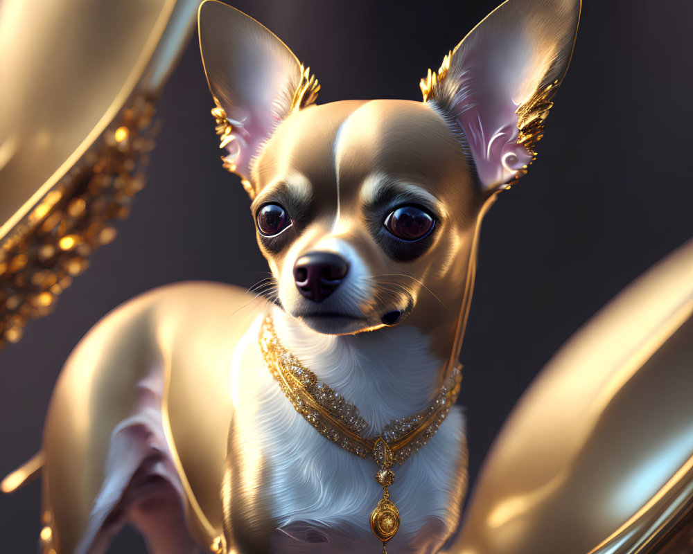 Glossy Fur Chihuahua with Golden Accessories on Blurred Background