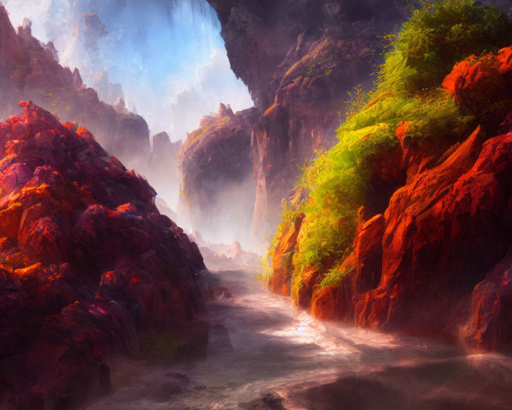 Scenic misty river in red-rock canyon with sunlight filtering through overhead crevice.