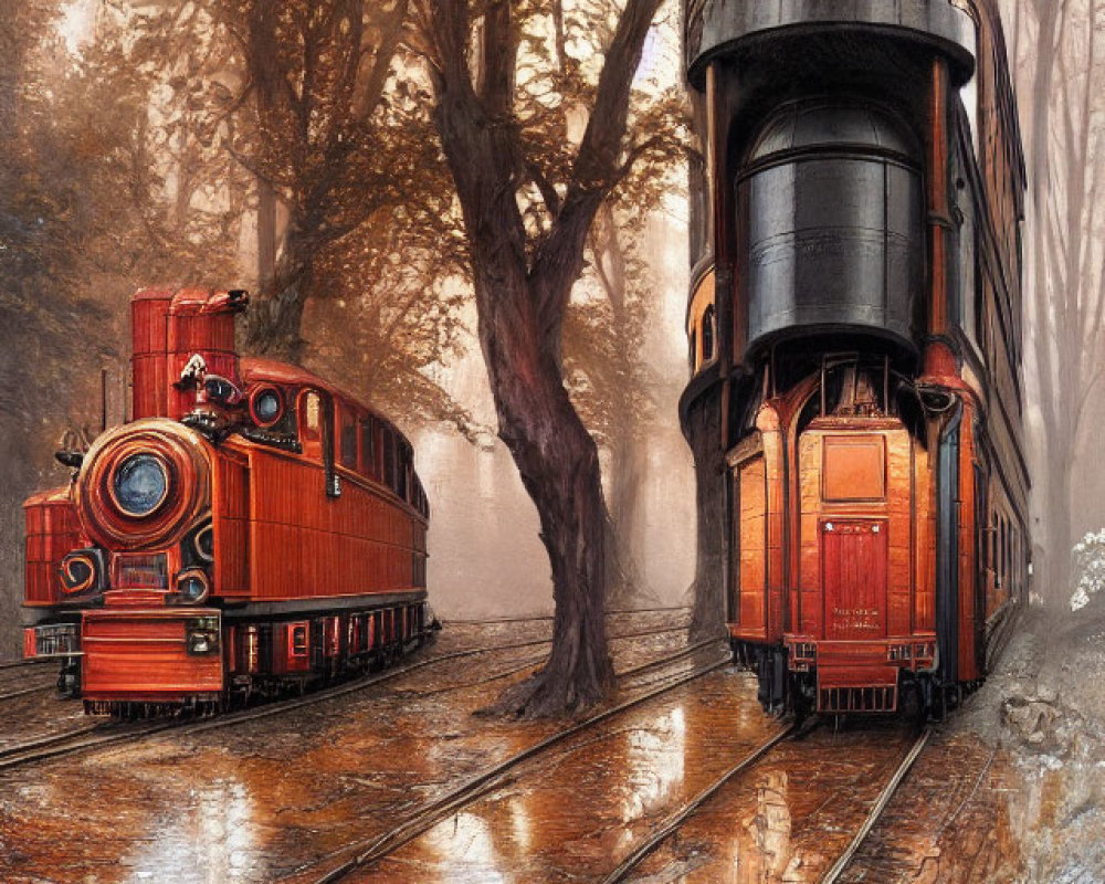 Vintage Train and Tram on Wet Tracks in Misty Tree-Lined Scene