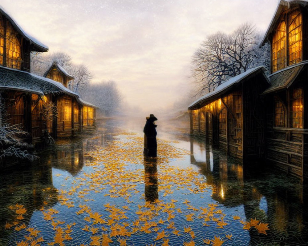 Reflective water surface with person, snow-covered houses, misty winter sky