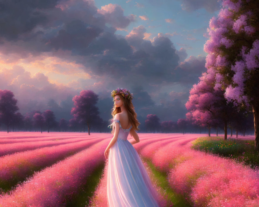 Woman in white dress and floral crown in pink flower field at sunset