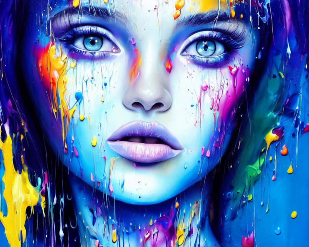 Colorful portrait of person with blue eyes and paint dribbles on face