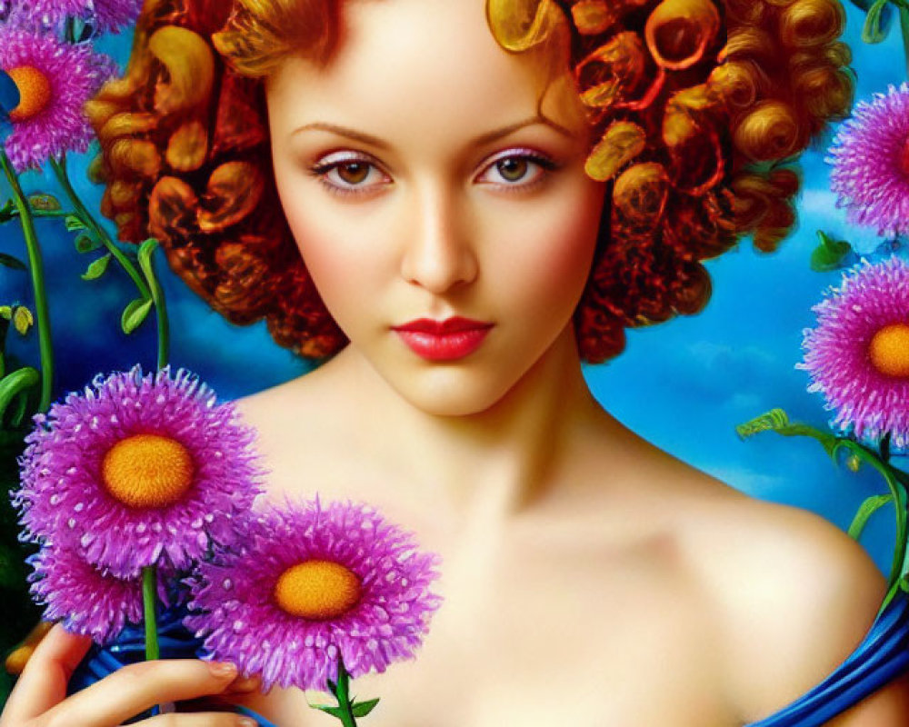 Curly Red-Haired Woman in Blue Dress Holding Pink Flowers