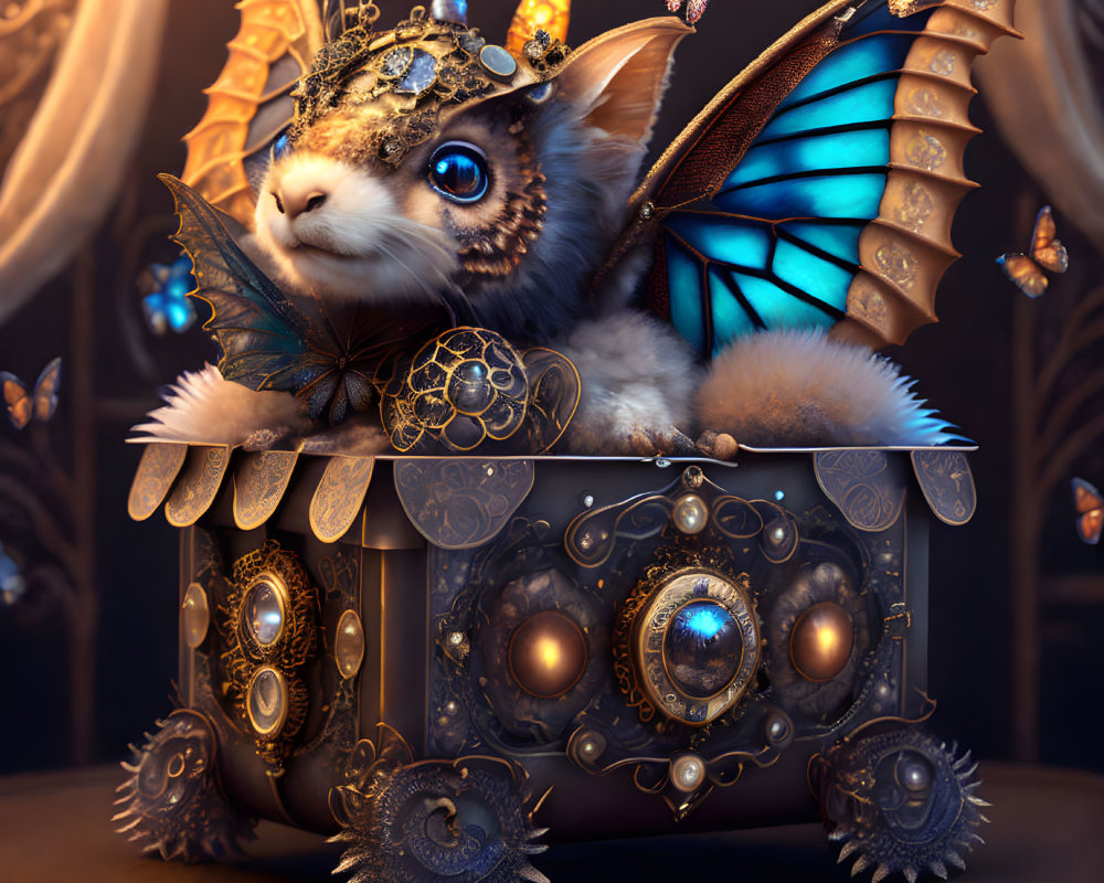 Cat-like creature with butterfly wings on ornate mechanical box in mystical setting