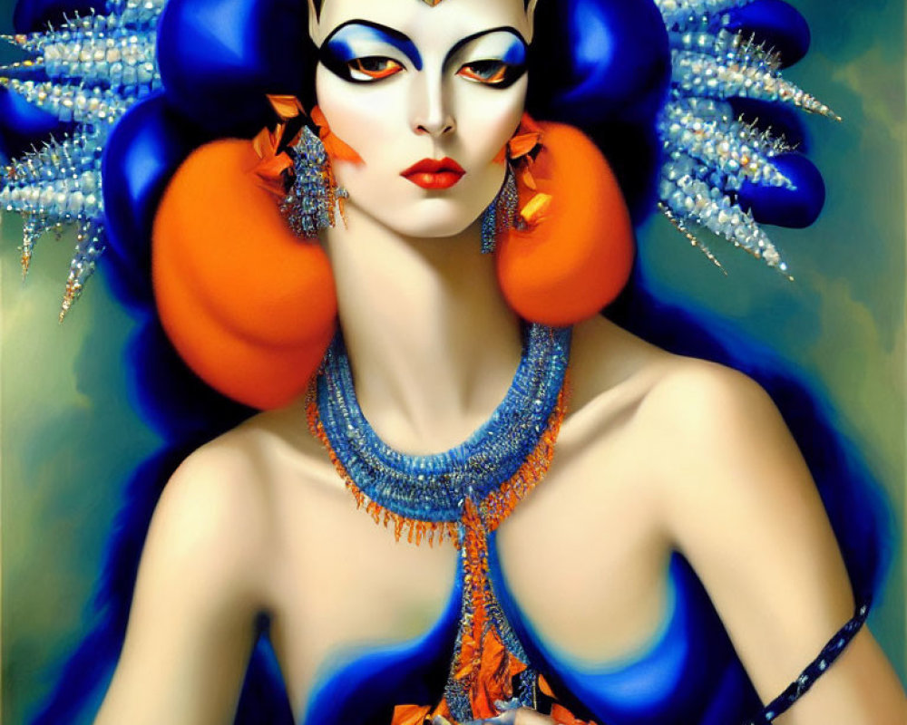 Woman depicted in elaborate blue and orange headpiece, striking makeup, pearl necklaces, and blue outfit