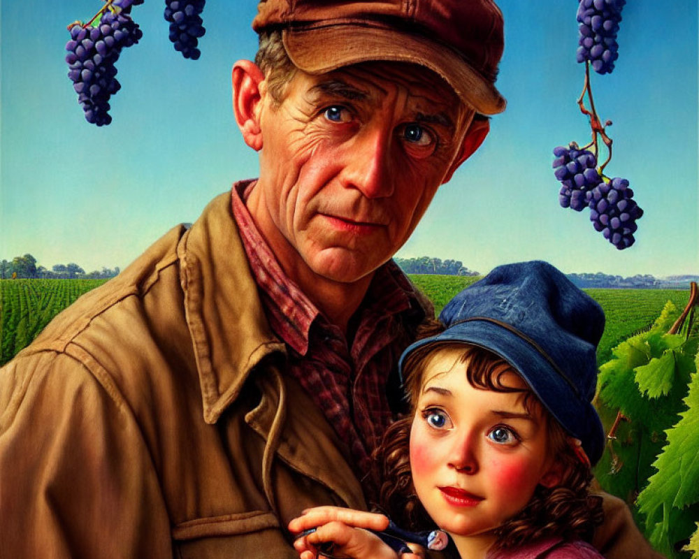 Elderly man and child in vineyard with grape clusters