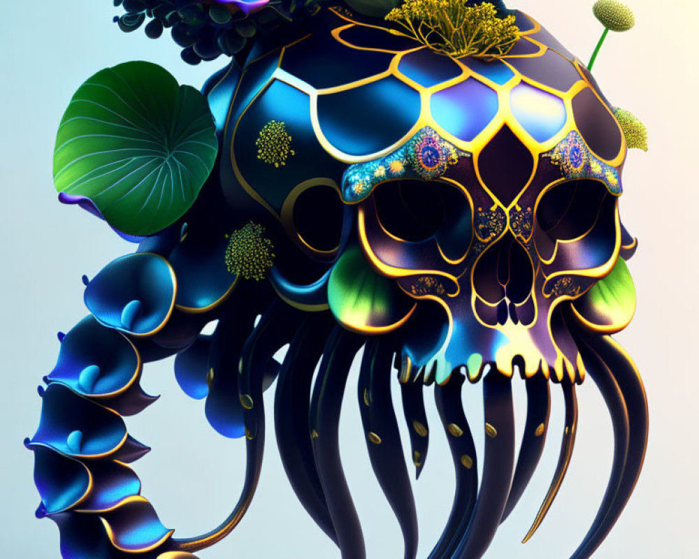 Colorful Skull Artwork with Floral, Patterned, and Textured Elements on Blue Background