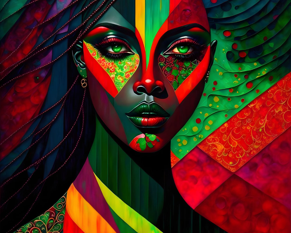 Colorful geometric patterns on woman's face and flowing hair in digital artwork