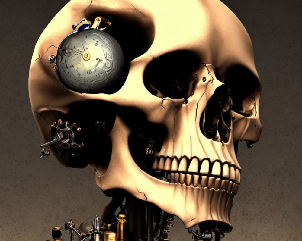 Steampunk-inspired 3D skull with mechanical gears and embedded clock