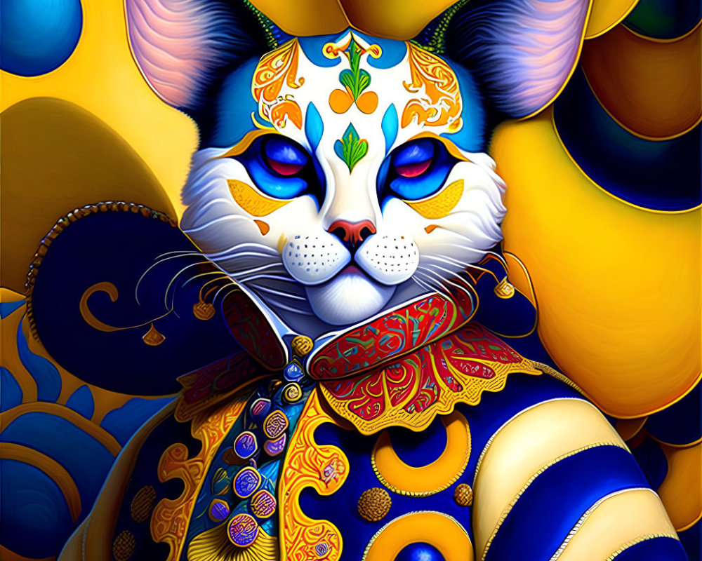 Stylized cat digital art with ornate patterns in blue and gold