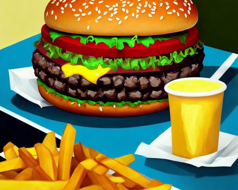 Illustration of Double Cheeseburger, Fries, and Drink on Blue Surface