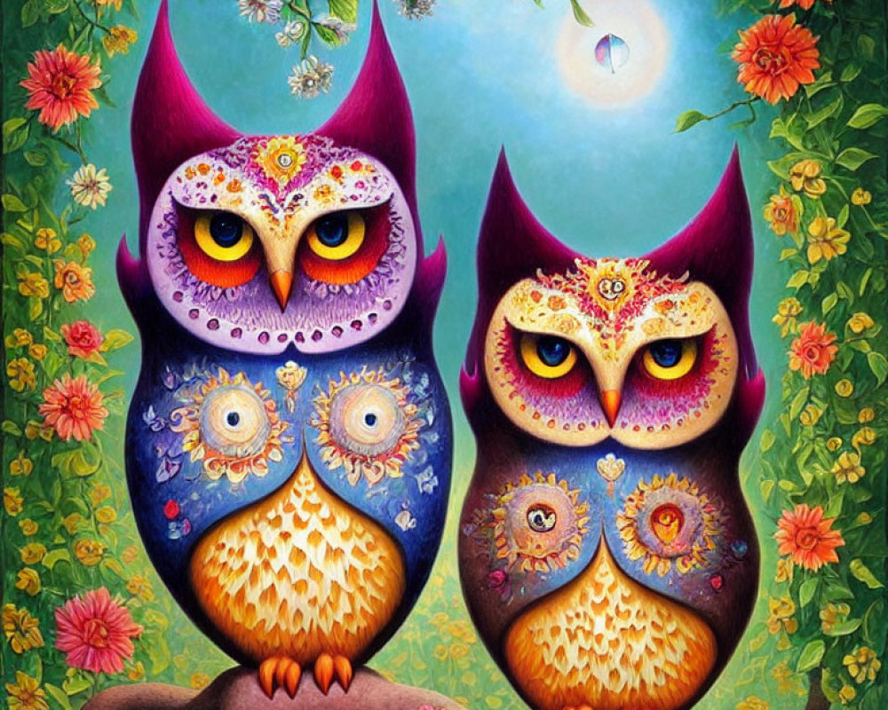 Colorful Stylized Owls Perched on Branch with Flowers in Moonlit Sky