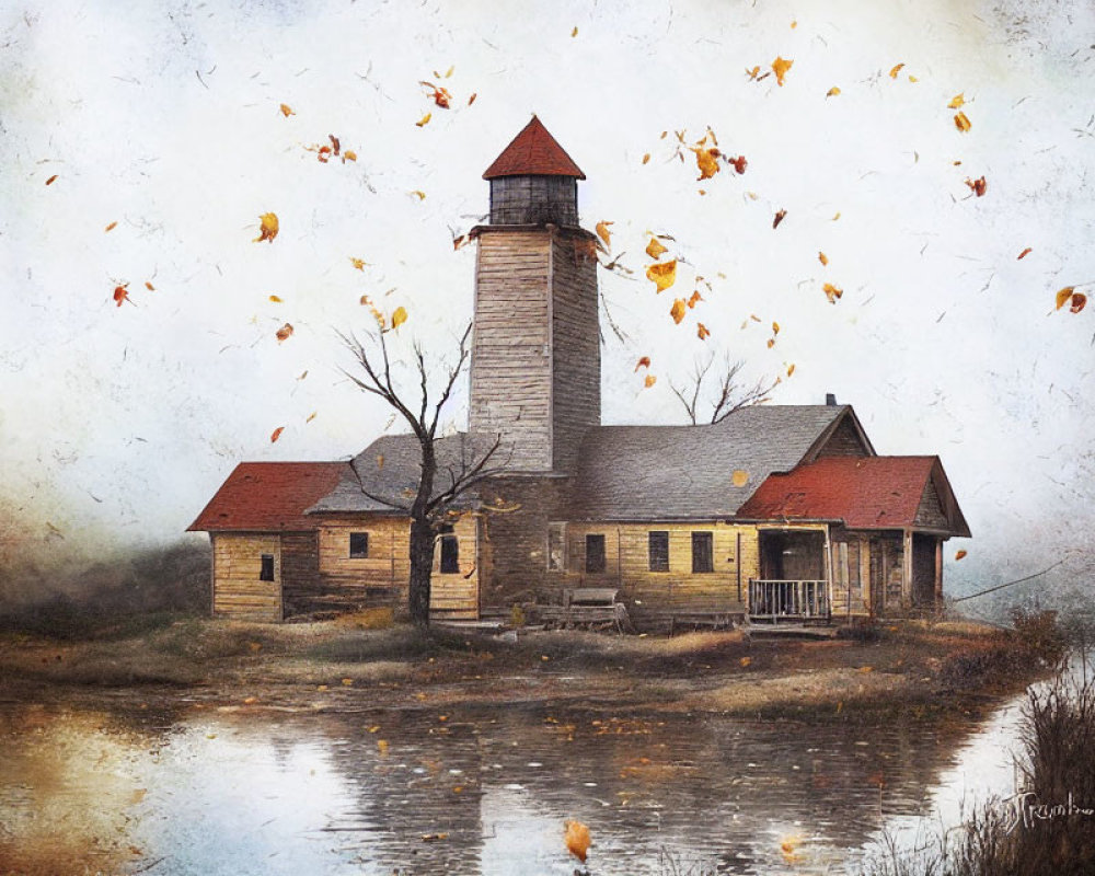 Old Stone Building with Tall Tower by Calm Pond and Autumn Trees