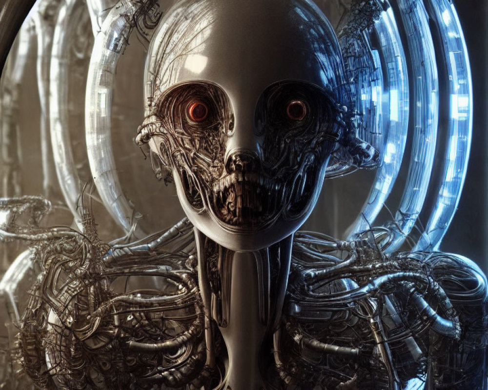 Detailed 3D Illustration of Humanoid Robot with Exposed Mechanical Skull and Glowing Red Eyes