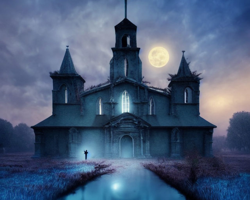 Old church under full moon with person silhouette reflected in water - moody blue twilight scene