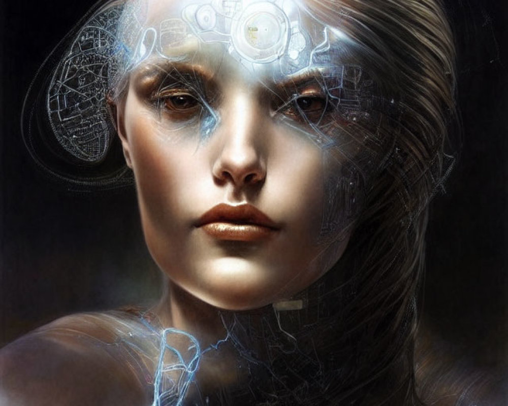 Digital artwork: Woman with cybernetic enhancements showcasing transparent headpiece and neck circuits.