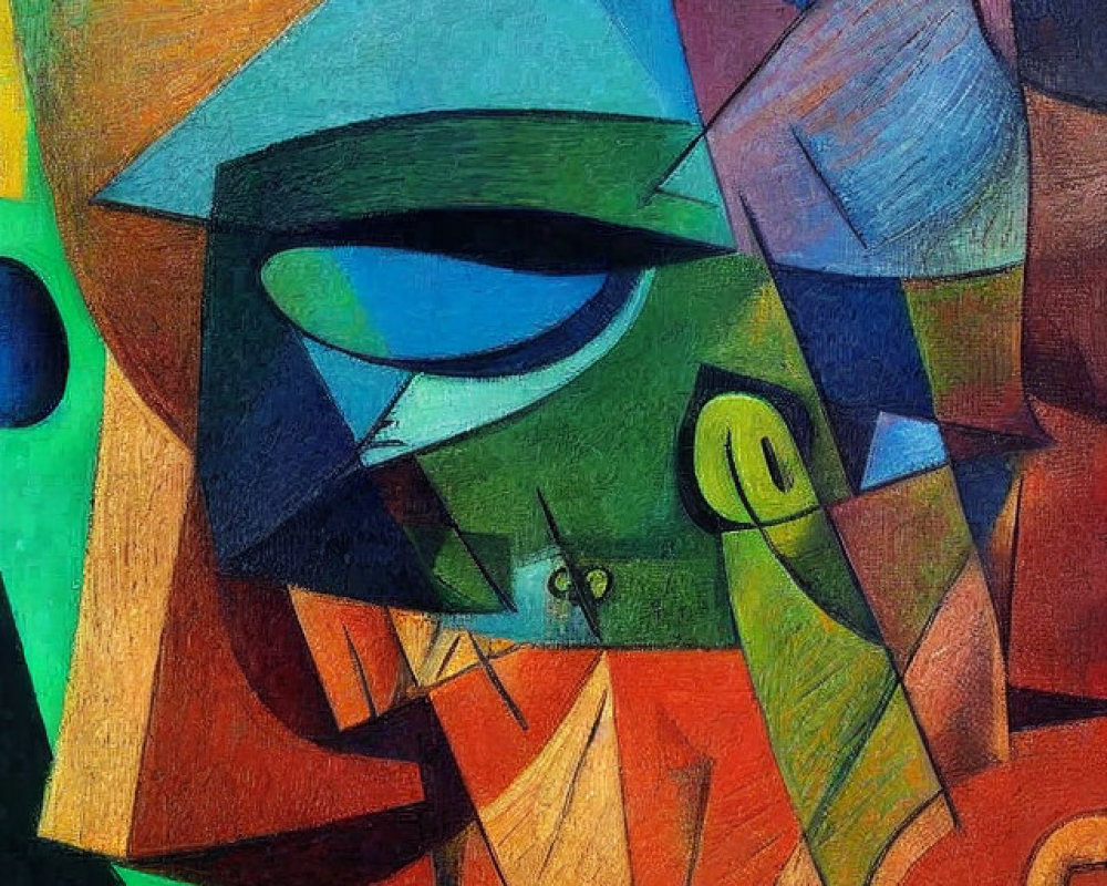 Cubist portrait with geometric shapes in oranges, greens, and blues