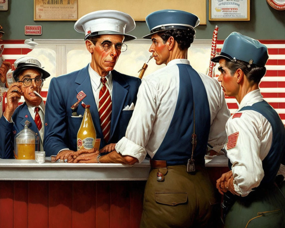 Vintage-style illustration of four men in a diner, two in sailor hats, one surprised.