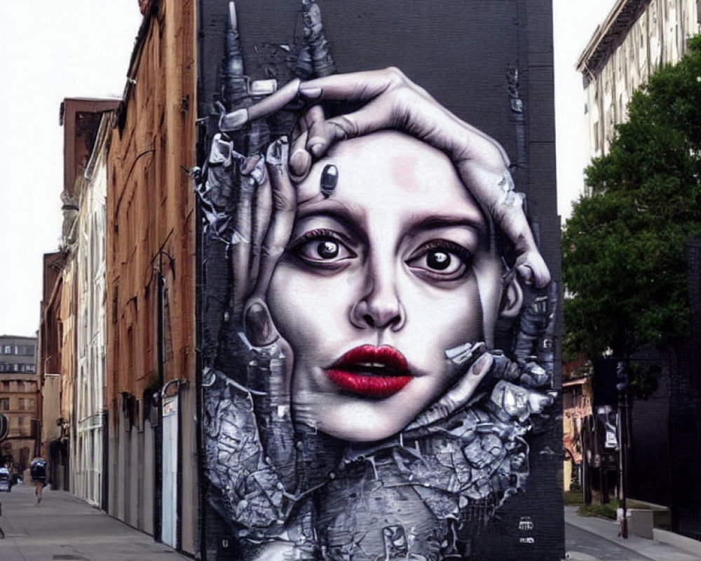 Monochrome street art mural of woman's face with red lips and multiple hands on urban building sidewall