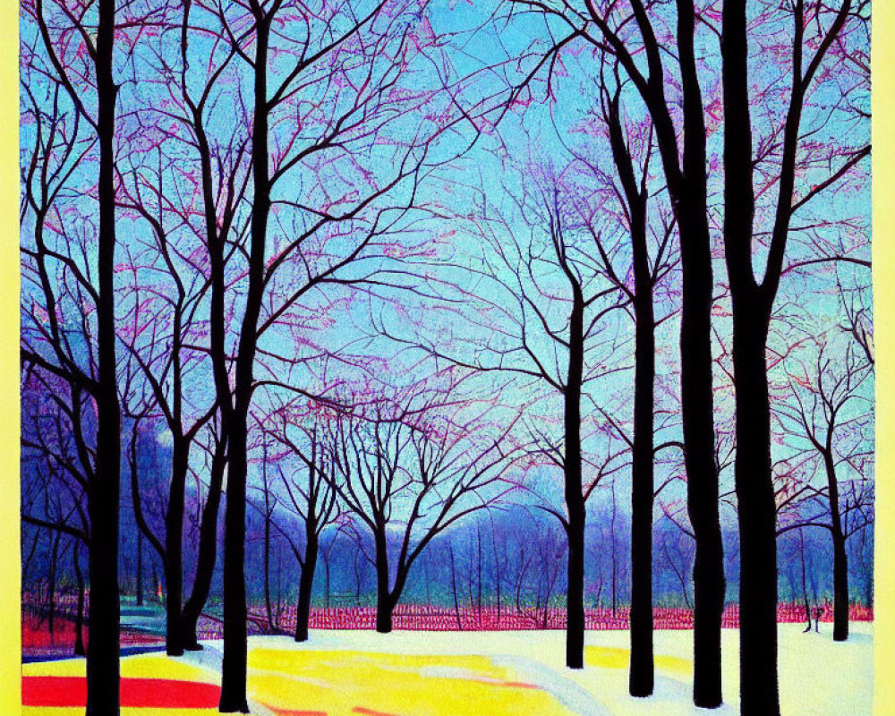 Vibrant Park Painting: Bare Trees, Blue Sky, Yellow and Red Patches