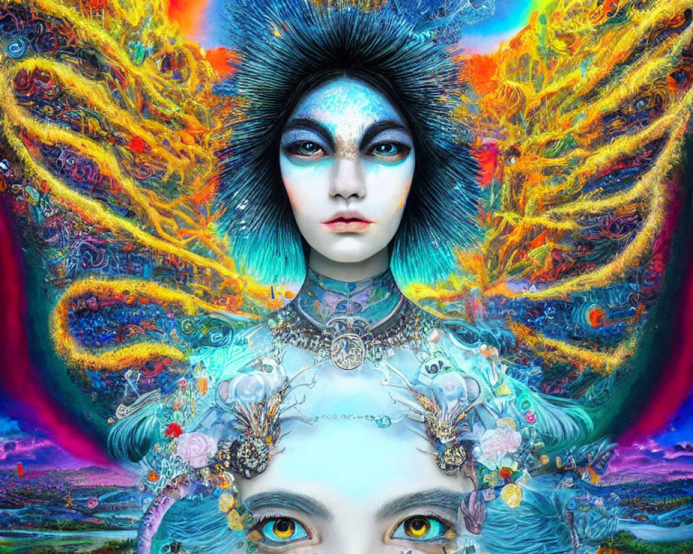 Fantastical digital artwork: Two faces with blue makeup in colorful, fiery setting