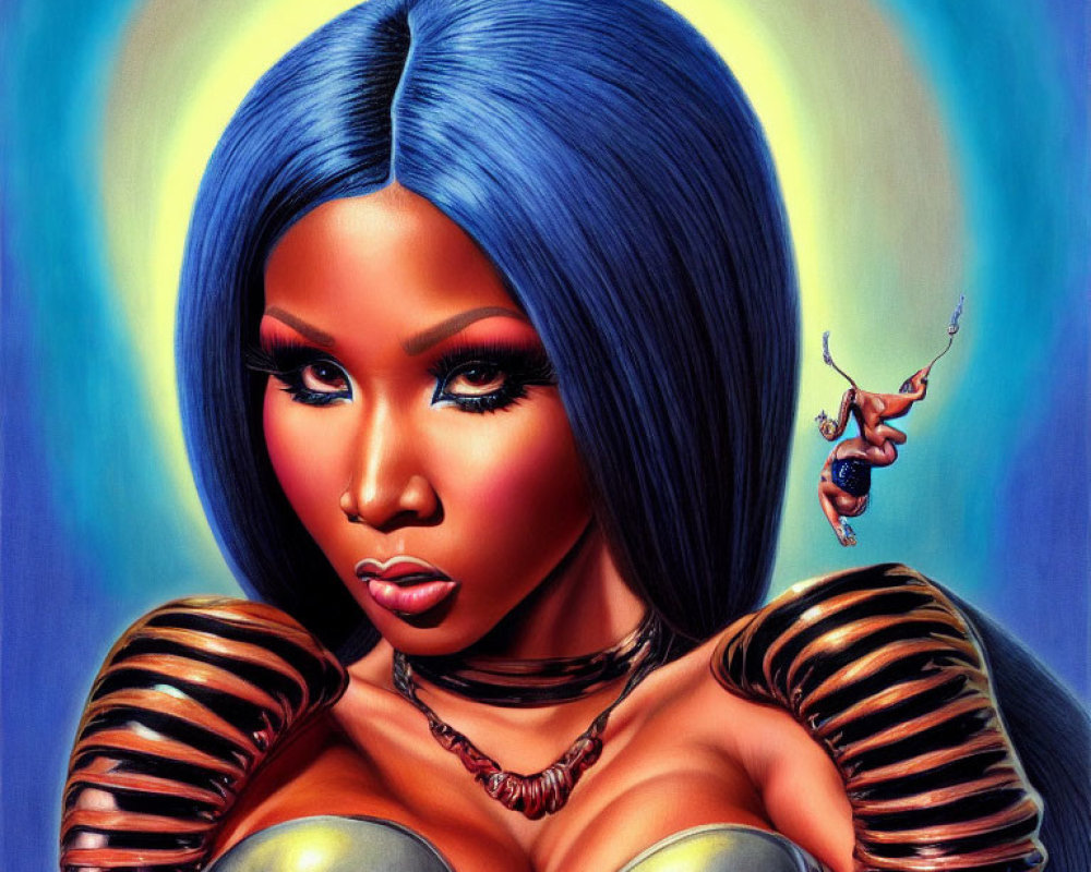 Vibrant illustration: woman with blue hair, bold makeup, metallic armor, scorpion.